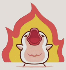 a cartoon duck with its mouth open and a fire in the background