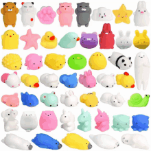 a bunch of squishy animals including a rabbit a duck and a starfish