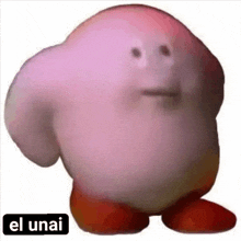 a close up of a pink cartoon character with a face and a caption that says el unai .