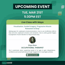 an advertisement for an upcoming event with maya boev occupational therapist