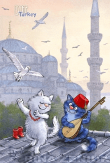 a cartoon of two cats in turkey with a bird flying above them