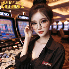 a woman wearing glasses and a black shirt that says casino on it