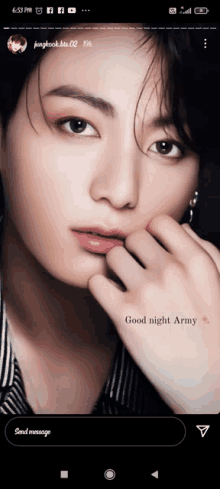 a close up of a person 's face with the words " good night army " below it