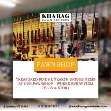 an advertisement for pawnbrokers in jamaica shows guitars and tools