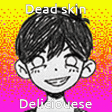 a black and white drawing of a boy with a dead skin and a delicious smile .