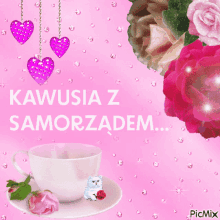 a cup of coffee sits on a saucer on a pink background with the words kawusia z samorzadem written on it