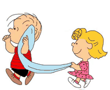 a cartoon of a boy and a girl playing with a blue towel .