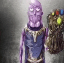 a purple alien is holding a thanos infinity gauntlet in his hand .