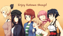 a group of anime girls are standing next to each other with the words enjoy katawan shoujo on the bottom