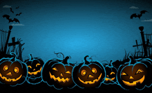 a row of halloween pumpkins on a blue background with bats in the background