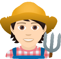 a man wearing a hat and overalls is holding a fork