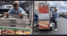 a man standing in front of a hot dog cart that says hot dog sausage pretzel