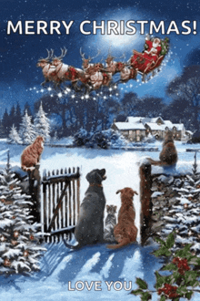 a merry christmas greeting card with dogs and cats watching santa in his sleigh