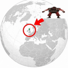 a robot is standing on top of a globe with a red arrow pointing to the uk