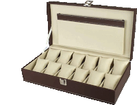 a brown leather watch box holds twelve watches and has a pocket on the side