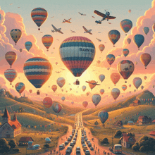 a painting of hot air balloons including one that says balon 66