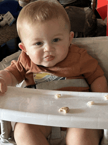 a baby sitting in a high chair wearing a brown shirt that says montana bears