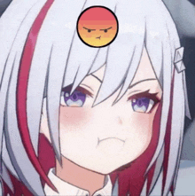 a girl with white hair and red stripes is making a funny face with a smiley face on her head .