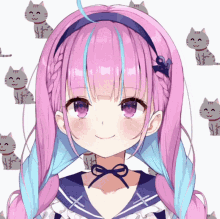 a girl with pink and blue hair is smiling in front of a cat background