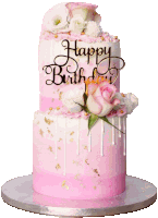 a pink and white cake with a happy birthday topper