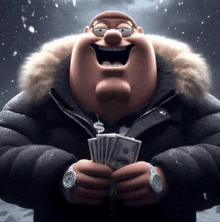 peter griffin from family guy holding a bunch of money in his hands