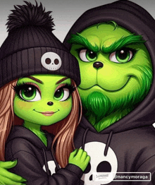 a girl is hugging a grinch wearing a black hat and hoodie