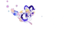 a cartoon character is flying through the air on a white background with flowers .