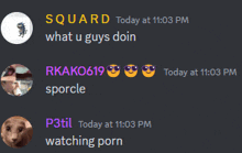 a screenshot of a discord conversation between squad what u guys doin and sporcle