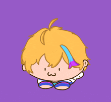 a cartoon drawing of a boy with yellow hair and a purple and blue stripe in his hair