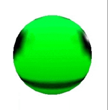 a green sphere with a black border is floating in the air on a white background .