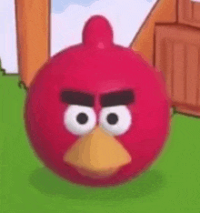 a red angry bird with a yellow beak is standing on a green field .