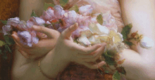 a close up of a painting of a woman holding flowers in her hands