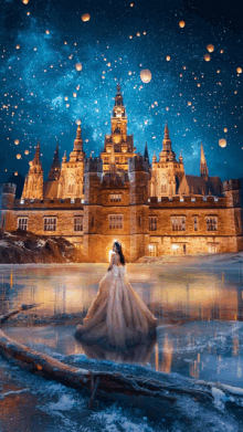 a woman in a gown stands in front of a castle