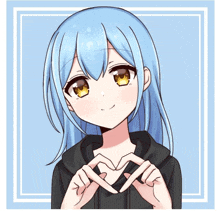 a girl with blue hair and yellow eyes making a heart with her hands