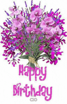 a birthday card with a bouquet of purple flowers and the words happy birthday