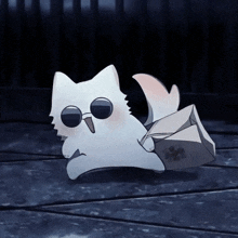 a cartoon cat wearing sunglasses is holding a piece of paper