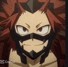 a close up of a red haired anime character with a mask on his face