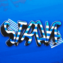 a blue and white striped sign that says " stan "