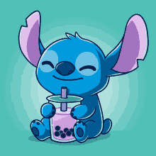 a cartoon of stitch drinking a bubble tea