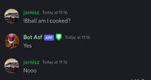 a screenshot of a chat with jamisz and bot asf