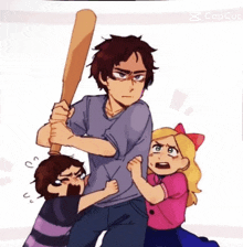 a drawing of a man holding a baseball bat with two children behind him