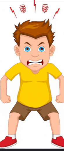 a cartoon boy in a yellow shirt and brown shorts is very angry with lightning bolts coming out of his head