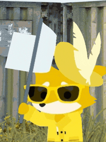 a yellow fox wearing sunglasses and a hat holds a white flag