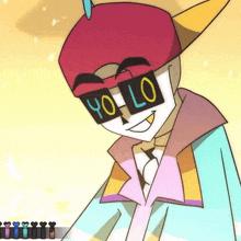 a cartoon character wearing sunglasses and a hat with horns .