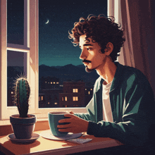 a man holding a cup of coffee looking out a window at night