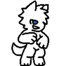 a pixel art drawing of a white wolf with blue eyes standing on a white background .