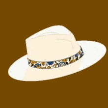 a white hat with a floral ribbon around the brim