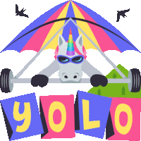 an illustration of a unicorn flying a kite with the words " yolo " written below it