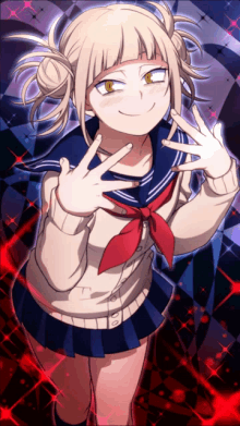 a girl with blonde hair and yellow eyes is wearing a sailor uniform and giving the peace sign