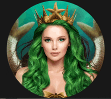 a woman with green hair wearing a crown with a starfish on it